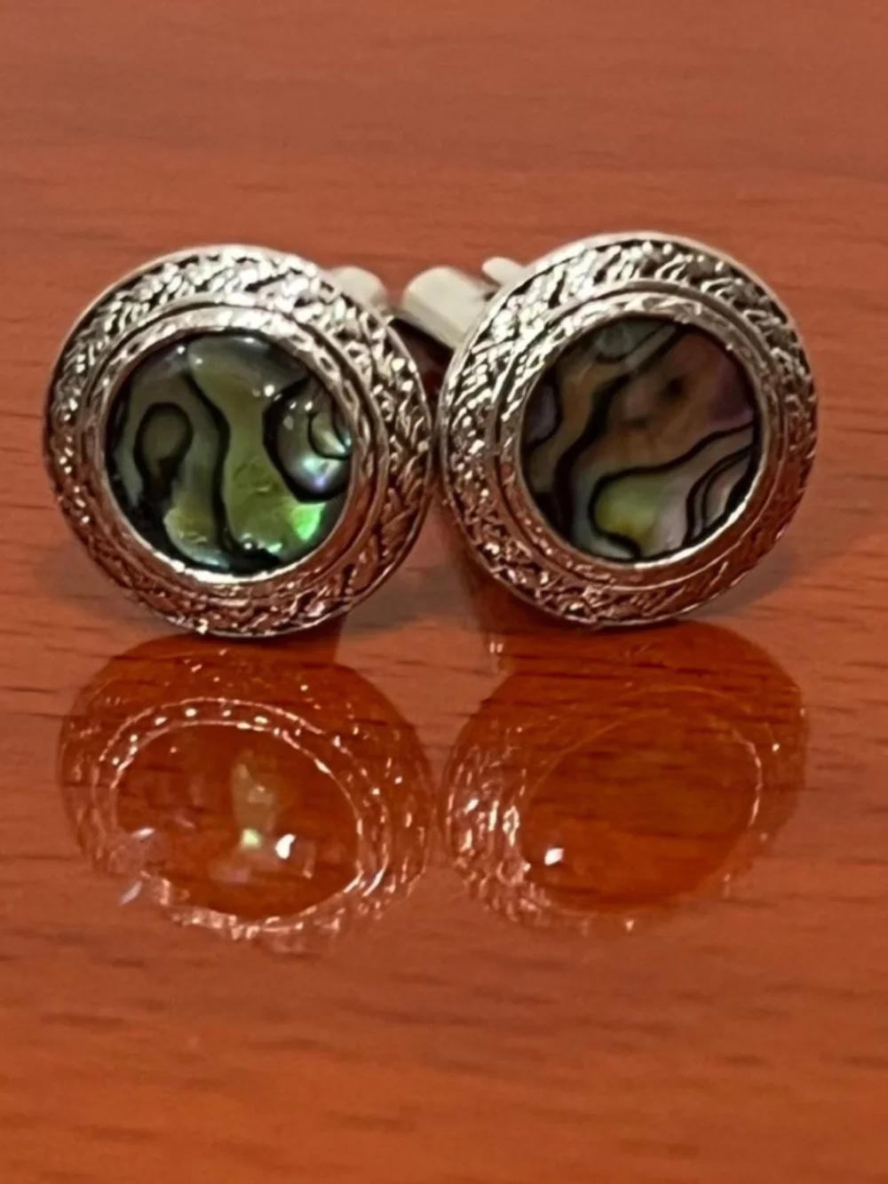 Natural Abalone Shell Stainless Steel Cufflinks set in Textured Frame - 1 Set